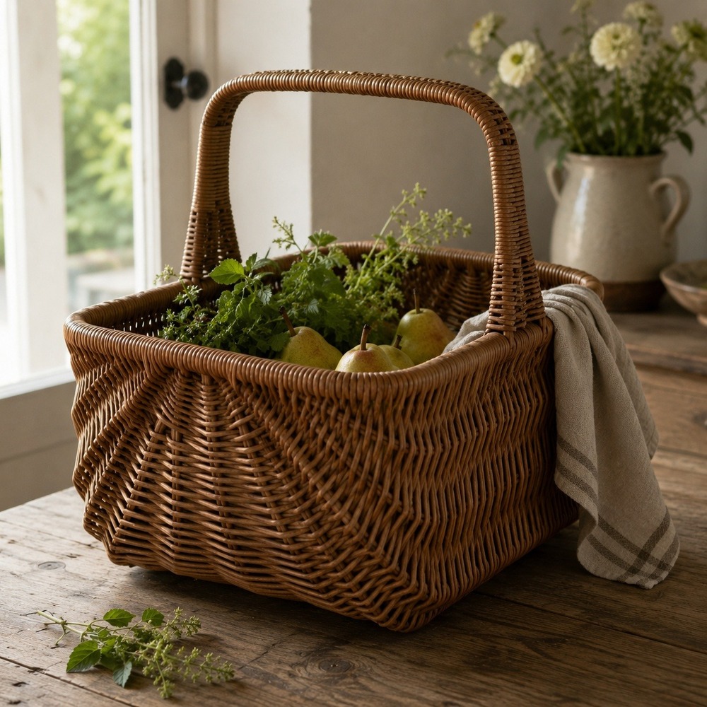 Vintage Wicker Gathering Basket Large Handled Market Harvest Basket